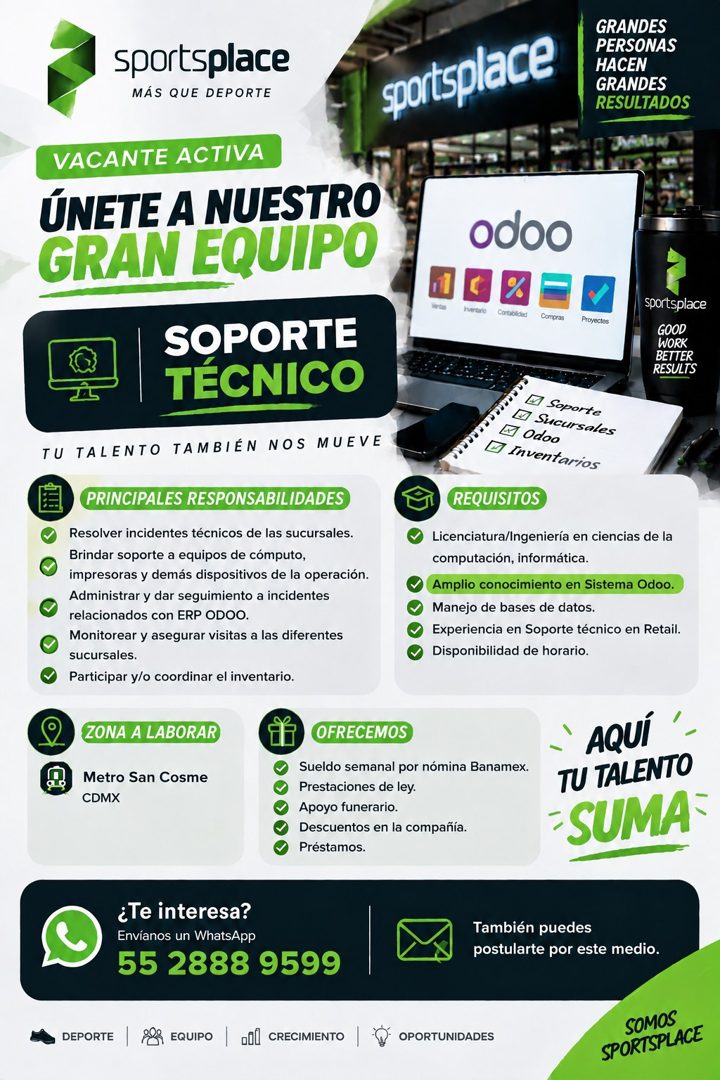 Banner del anuncio de la vacante: sportsplace · MÁS QUE DEPORTE · sportsplace · GRANDES · PERSONAS · HACEN · GRANDES · RESULTADOS · VACANTE ACTIVA · ÚNETE A NUESTRO · GRAN EQ