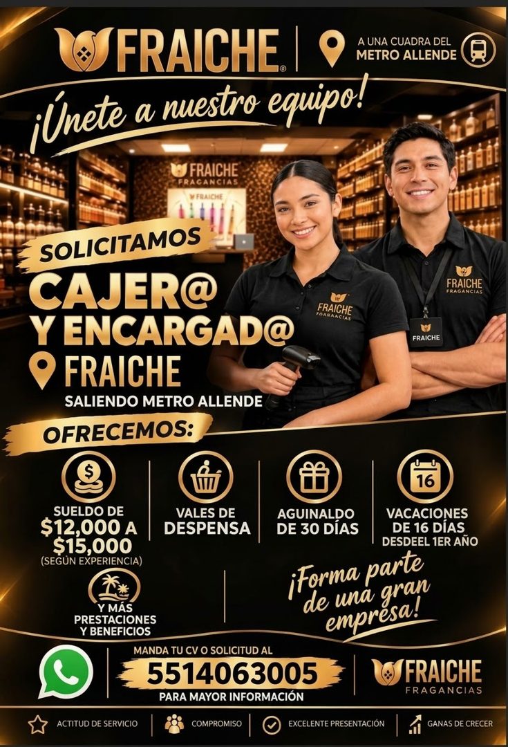 Banner del anuncio de la vacante: FRAICHE. I · ¡Unete a nuestro equipo! · ES FRAICHE · FRAGANCIAS · M FRAICHE · SOLICITAMOS · CAJER@ · FRAICHE · Y ENCARGAD@ · FOARAACIAS · • 