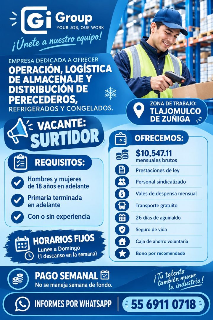 Banner del anuncio de la vacante: Gi Group · YOUR JOB, OUR WORK · ¡Únete a nuestro equipo! · EMPRESA DEDICADA A OFRECER · OPERACIÓN, LOGÍSTICA · DE ALMACENAJE Y · DISTRIBUCIÓ