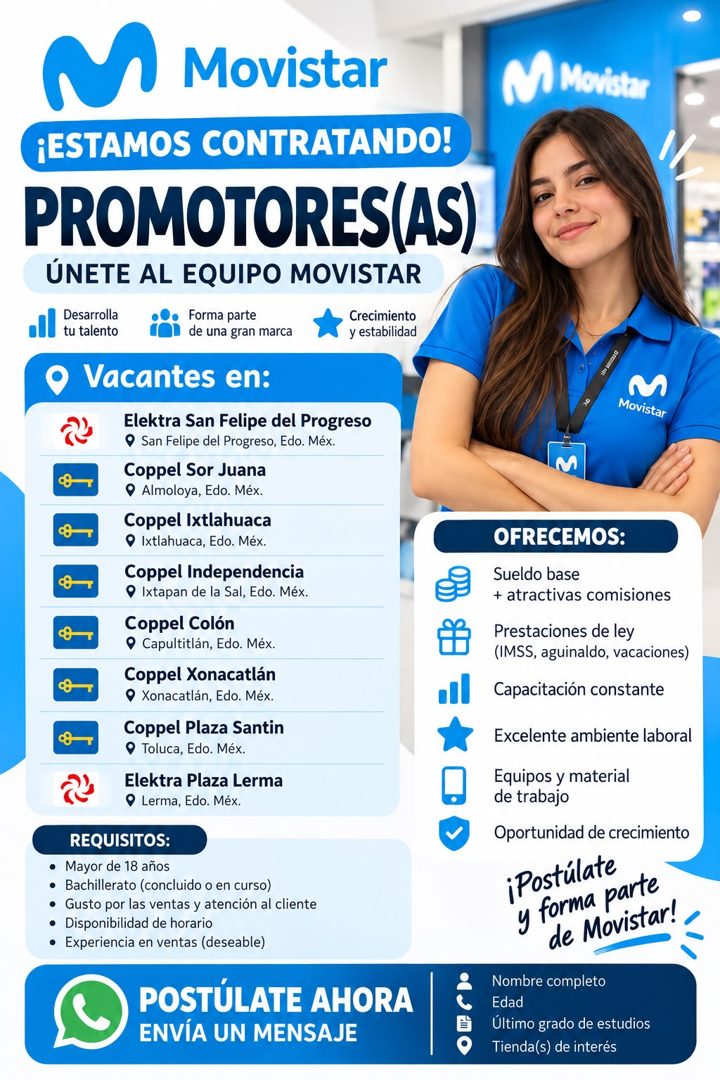 Banner del anuncio de la vacante: M Movistar · ¡ESTAMOS CONTRATANDO! · PROMOTORES(AS) · ÚNETE AL EQUIPO MOVISTAR · Desarrolla · •Il tu talento · • Forma parte · de una gran m