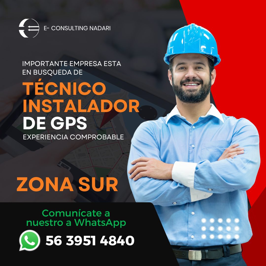 Banner del anuncio de la vacante: E- CONSULTING NADARI · IMPORTANTE EMPRESA ESTA · EN BUSQUEDA DE · TÉCNICO · INSTALADOR · DE GPS · EXPERIENCIA COMPROBABLE · ZONA SUR · Comun