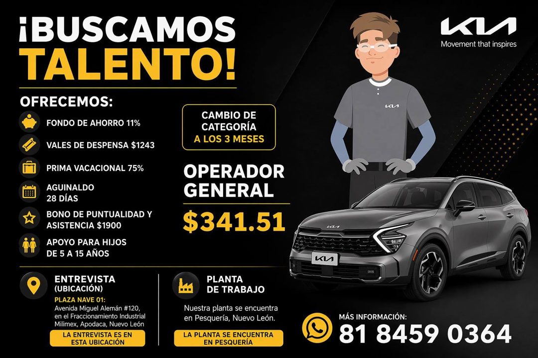 Banner del anuncio de la vacante: ¡BUSCAMOS · TALENTO! · OFRECEMOS: · FONDO DE AHORRO 11% · VALES DE DESPENSA $1243 · PRIMA VACACIONAL 75% · AGUINALDO · 28 DÍAS · BONO DE PUN