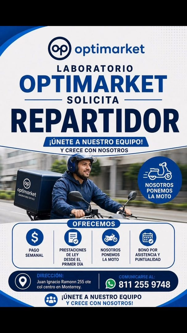 Banner del anuncio de la vacante: op optimarket · LABORATORIO · OPTIMARKET · SOLICITA • · REPARTIDOR · ¡ÚNETE A NUESTRO EQUIPO! · Y CRECE CON NOSOTROS · optimarket · LABORATO