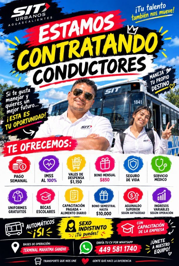 Banner del anuncio de la vacante: SITo · URBANOS · AGUASCALIENTES · ESTAMOS · ¡Tu talento · también nos mueve! · CONTRATANDO · Si te gusta · CONDUCTORES · manejar y · quieres