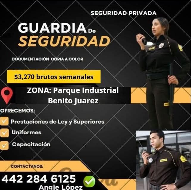 Banner del anuncio de la vacante: SEGURIDAD PRIVADA · GUARDIA De · SEGURIDAD · DOCUMENTACIÓN COPIA A COLOR · $3,270 brutos semanales · ZONA: Parque Industrial · Benito juarez