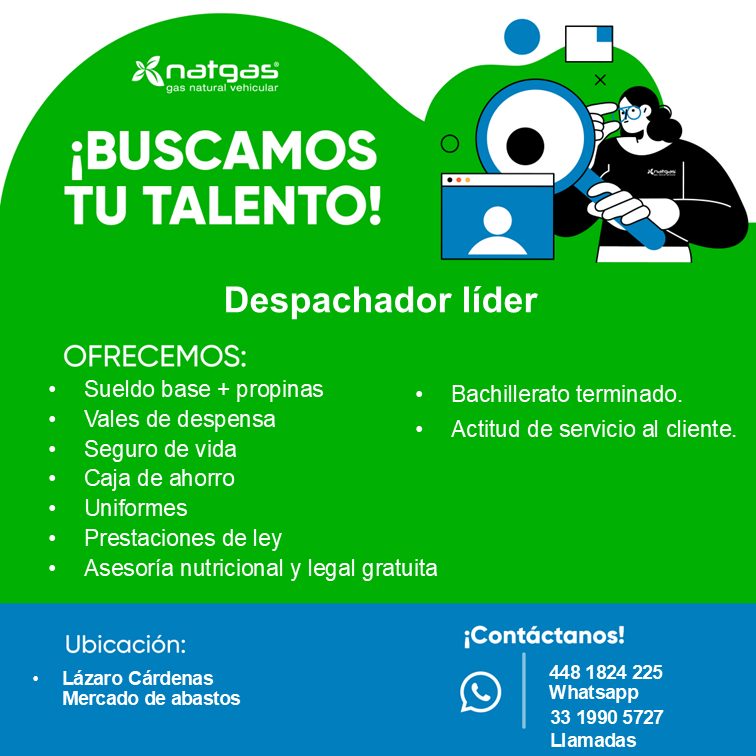 Banner del anuncio de la vacante: nargas · gas natural vehicular · ¡BUSCAMOS · TU TALENTO! · Despachador líder · OFRECEMOS: · • Sueldo base + propinas · • · • Vales de despen