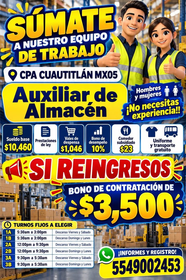 Banner del anuncio de la vacante: SÚMATE · A NUESTRO EQUIPO · DE TRABAJO · O CPA CUAUTITLÁN MX05 · Auxiliar de · Almacen · Hombres · y mujeres · ¡No necesitas · experiencia!!