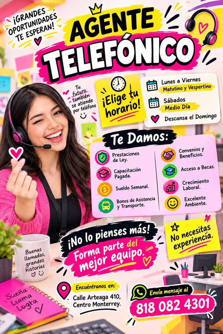 Banner del anuncio de la vacante: ¡GRANDES · OPORTUNIDADES · TE ESPERAN! · AGENTE · TELEFÓNICO · Ти · futuro · también · se atiende · por teléfono · ¡Elige tu · horario! · Lu