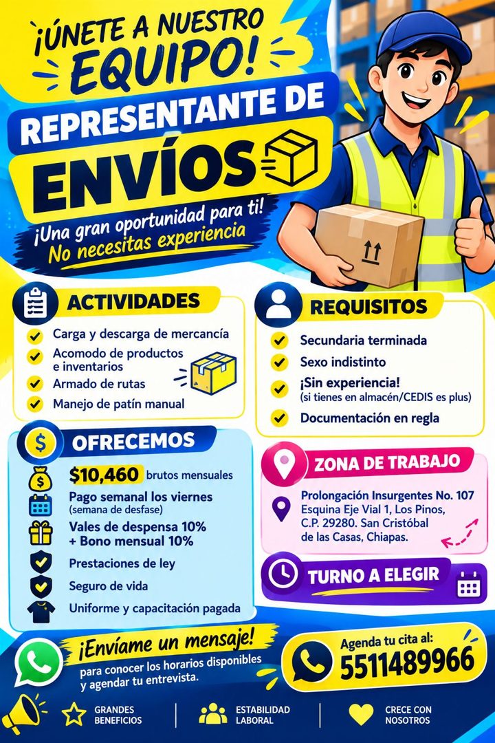 Banner del anuncio de la vacante: ¡ÚNETE A NUESTRO · = EQUIPO! - · = EQUIPO! = · REPRESENTANTE DE · ENVÍOS · ¡Una gran oportunidad para ti! · No necesitas experiencia · It · 