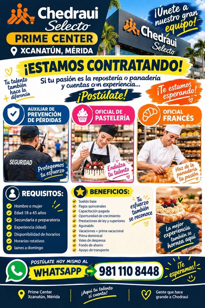 Banner del anuncio de la vacante: Chedraui · /Unete a · Selecto · nuestro gran · PRIME CENTER · XCANATÚN, MÉRIDA · Chedravi · equipol · Selecto · ¡ESTAMOS CONTRATANDO! · Tu t