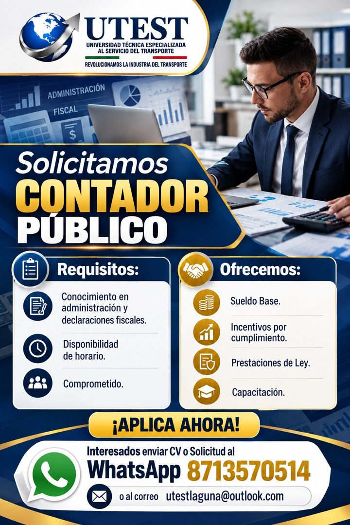 Banner del anuncio de la vacante: UTEST · UNIVERSIDAD TECNICA ESPECIALIZADA · AL SERVICIO DEL TRANSPORTE · REVOLUCIONAMOS LA INDUSTRIA DEL TRANSPORTE · ADMINISTRACIÓN · FISCA