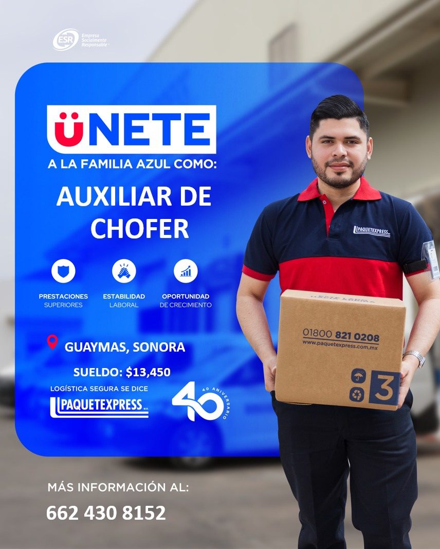 Banner del anuncio de la vacante: ÜNETE · A LA FAMILIA AZUL COMO: · AUXILIAR DE · CHOFER · PRESTACIONES · SUPERIORES · ESTABILIDAD · LABORAL · OPORTUNIDAD · DE CRECIMIENTO · 