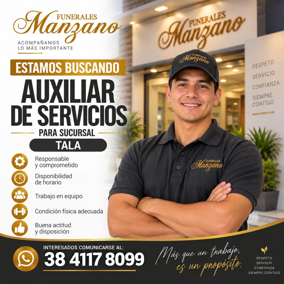 Banner del anuncio de la vacante: Manzano · ACOMPAÑAMOS · LO MÁS IMPORTANTE · ESTAMOS BUSCANDO · AUXILIAR · DE SERVICIOS · PARA SUCURSAL · TALA · Responsable · y comprometido