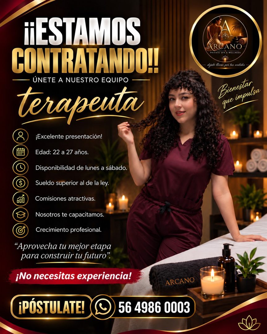 Banner del anuncio de la vacante: ¡ESTAMOS · CONTRATANDO!! · ÚNETE A NUESTRO EQUIPO · terapenta · ¡Excelente presentación! · Edad: 22 a 27 años. · Disponibilidad de lunes a s