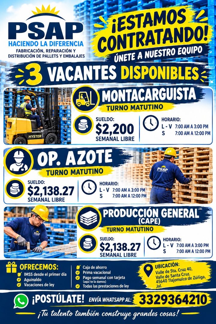 Banner del anuncio de la vacante: PSAP · HACIENDO LA DIFERENCIA · FABRICACIÓN, REPARACIÓN Y · DISTRIBUCIÓN DE PALLETS Y EMBALAJES · ¡ESTAMOS · CONTRATANDO! · ÚNETE A NUESTRO 