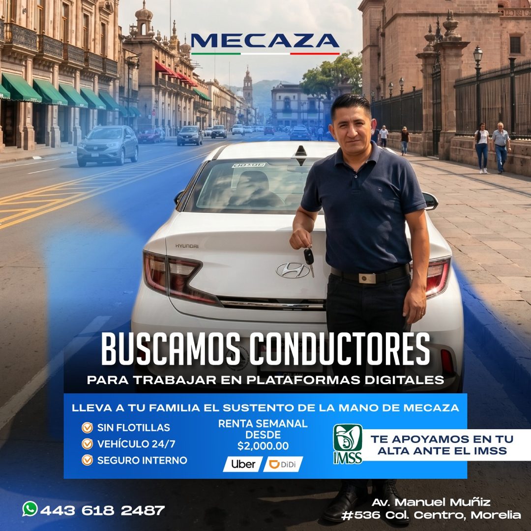 Banner del anuncio de la vacante: MECAZA · HYUNDRI · BUSCAMOS CONDUCTORES · PARA TRABAJAR EN PLATAFORMAS DIGITALES · LLEVA A TU FAMILIA EL SUSTENTO DE LA MANO DE MECAZA · REN