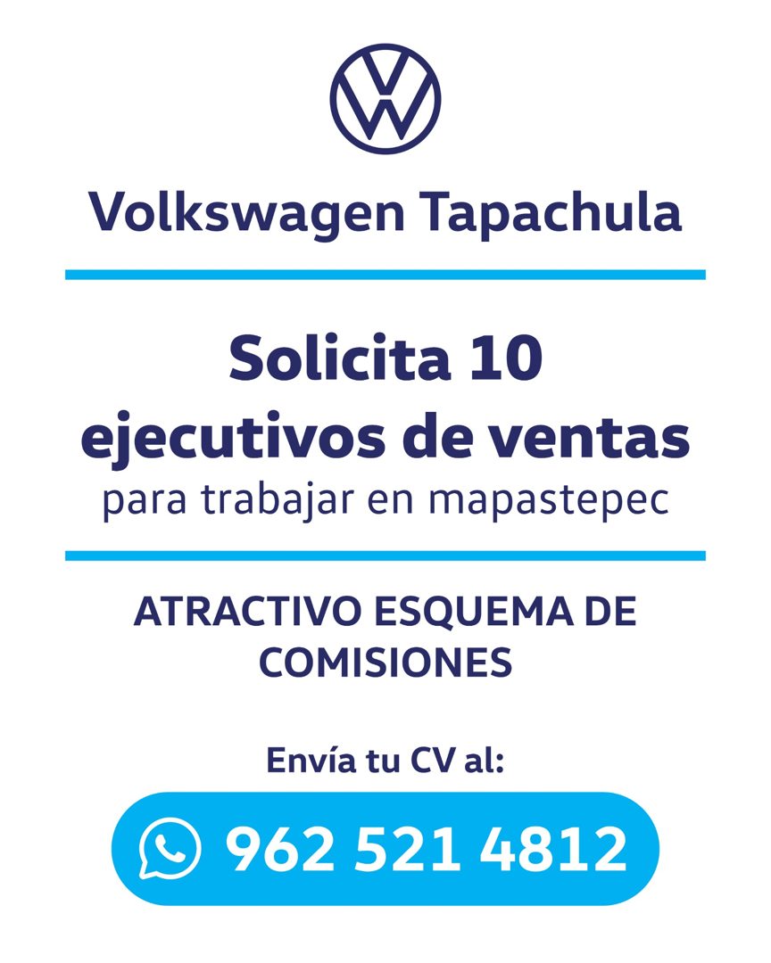 Banner del anuncio de la vacante: Volkswagen Tapachula · Solicita 10 · ejecutivos de ventas · para trabajar en mapastepec · ATRACTIVO ESQUEMA DE · COMISIONES · Envía tu CV al