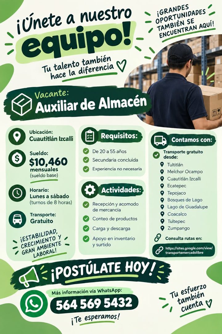 Banner del anuncio de la vacante: ¡Únete a nuestro · equipo! · Tu talento también · hace la diferencia V · Vacante: · Auxiliar de Almacén · ¡GRANDES · OPORTUNIDADES · TAMBIÉN