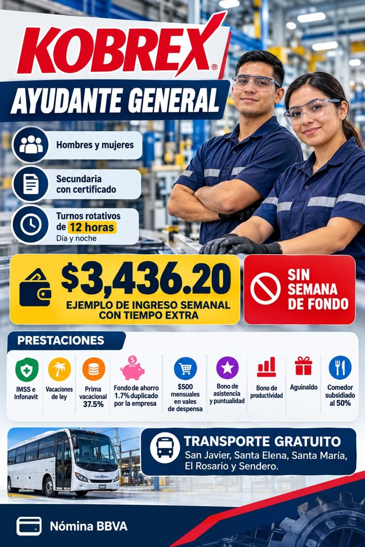 Banner del anuncio de la vacante: KOBREX. · AYUDANTE GENERAL · Hombres y mujeres · Secundaria · con certificado · Turnos rotativos · de 12 horas · Día y noche · $3,436.20 · E