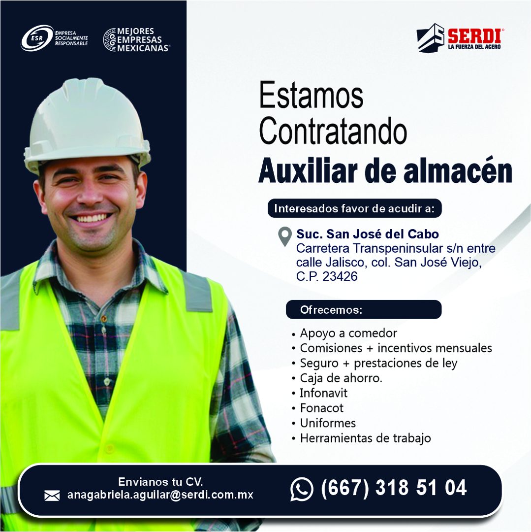 Banner del anuncio de la vacante: ESR · EMPRESA · SOCIALMENTE · RESPONSABLE · TE MEJORES · EC EMPRESAS · VE MEXICANAS® · SERDI® · LA FUERZA DEL ACERO · Estamos · Contratando 