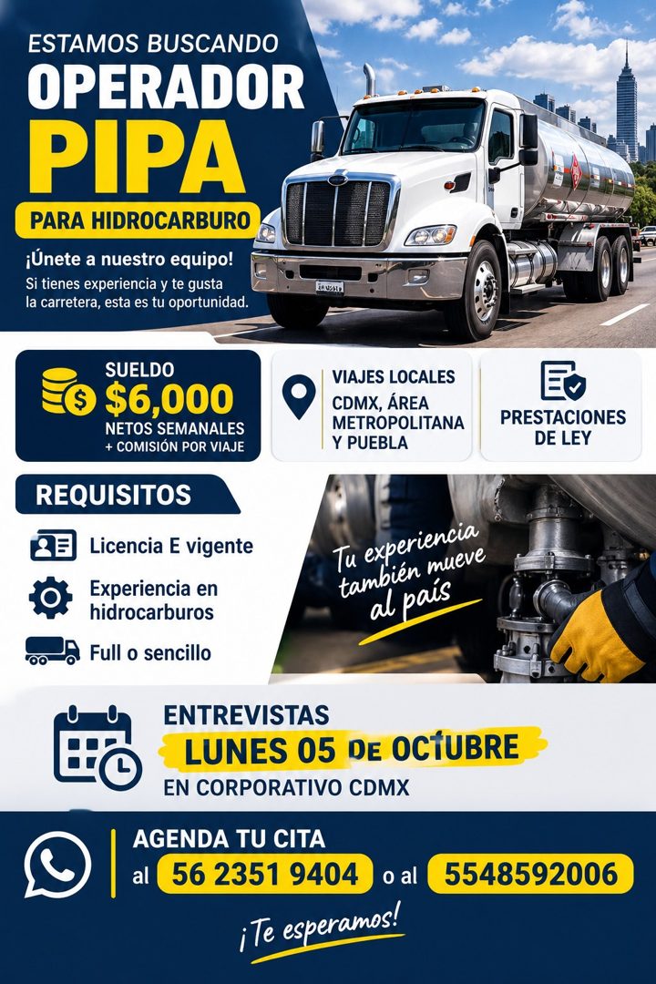 Banner del anuncio de la vacante: ESTAMOS BUSCANDO · OPERADOR · PIPA · PARA HIDROCARBURO · ¡Únete a nuestro equipo! · Si tienes experiencia y te gusta · la carretera, esta es