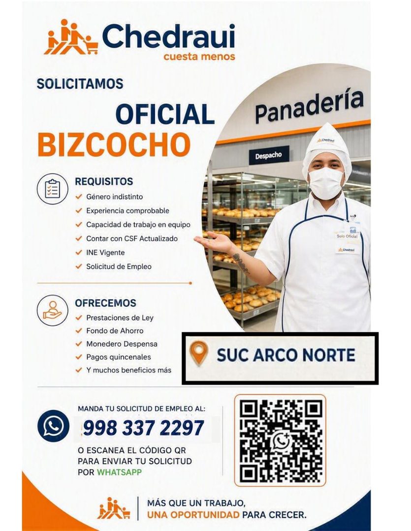 Banner del anuncio de la vacante: 1. Chedraui · cuesta menos · SOLICITAMOS · OFICIAL · BIZCOCHO · Panadería · Chedraol · Despacho · REQUISITOS · v Género indistinto · Experie