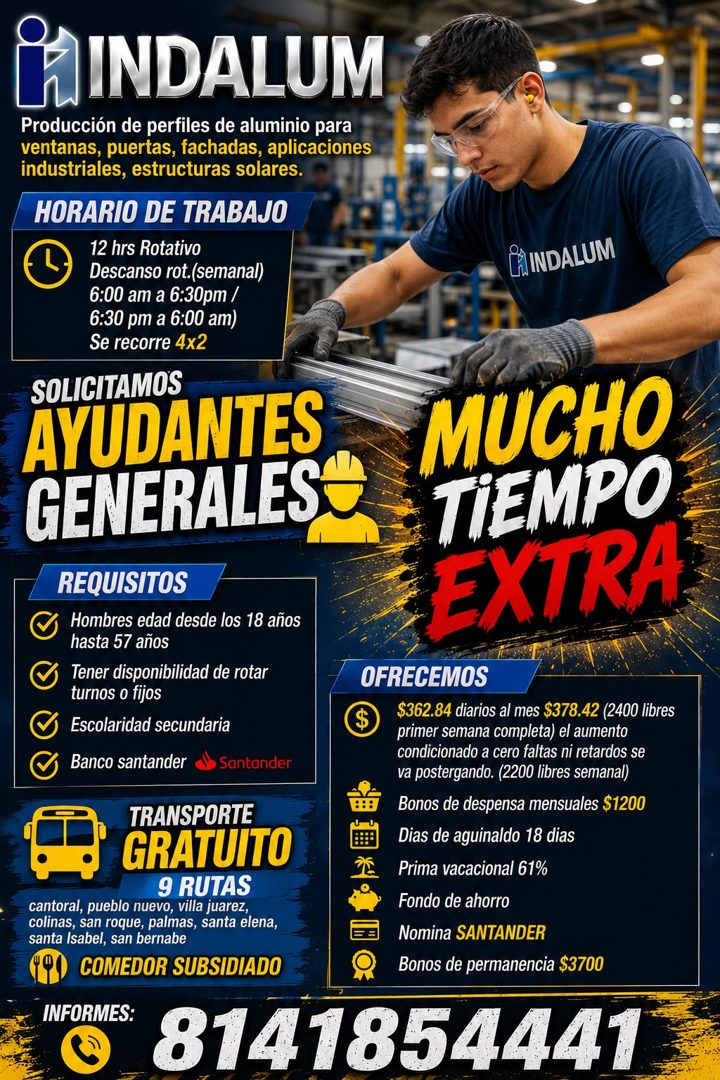 Banner del anuncio de la vacante: RINDALUM · Producción de perfiles de aluminio para · ventanas, puertas, fachadas, aplicaciones · industriales, estructuras solares. · HORARI