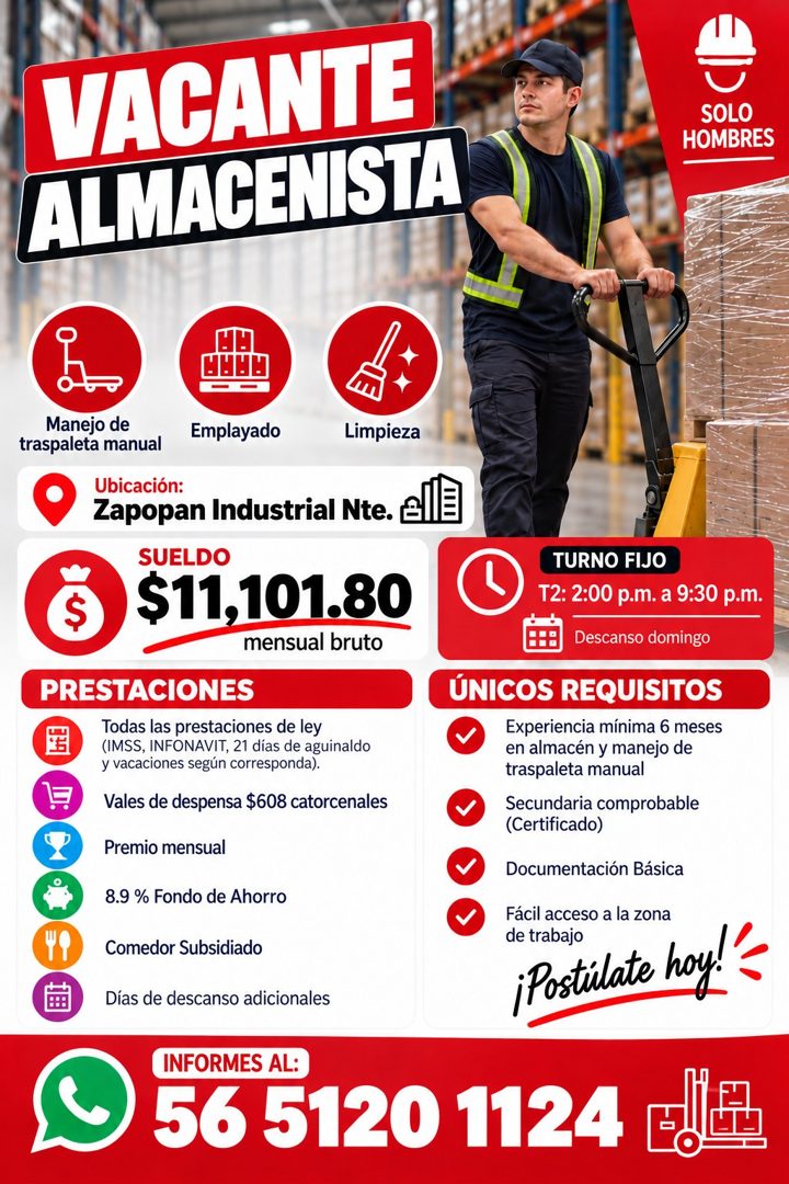 Banner del anuncio de la vacante: VACANTE · /ALMACENISTA · SOLO · HOMBRES · Manejo de · traspaleta manual · Emplayado · Limpieza · Ubicación: · Zapopan Industrial Nte. ₴ · SU