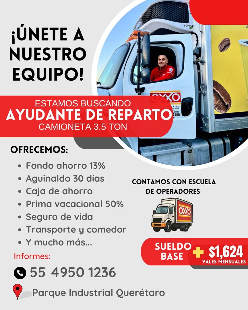 Banner del anuncio de la vacante: ¡UNETE A · NUESTRO · EQUIPO! · SUPRA · OYXO · ESTAMOS BUSCANDO · B.A. DE C.V. · AYUDANTE DE REPARTO · 7400 · N4 · CAMIONETA 3.5 TON · OFRECE