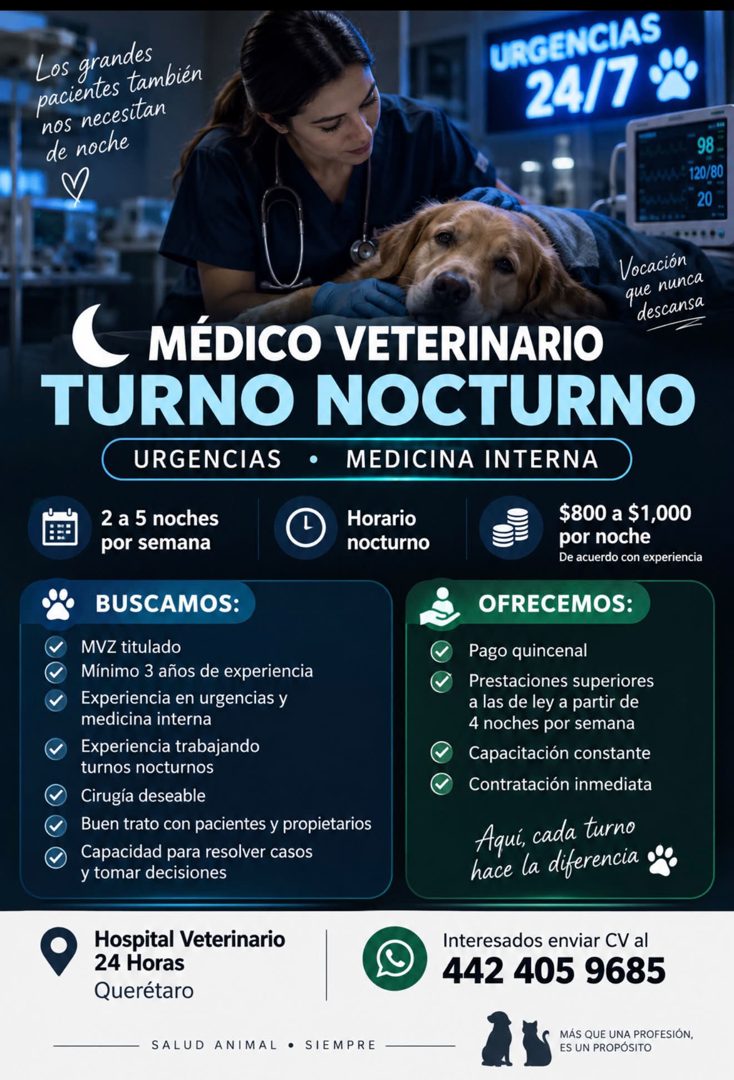 Banner del anuncio de la vacante: Los grandes · pacientes también · nos necesitan · de noche · URGENCIAS · 24/7 · 120/80 · 20 · Vocación · que nunca · descansa · C MÉDICO VET