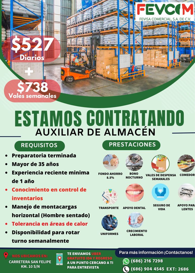 Banner del anuncio de la vacante: FEVCIM · FEVISA COMERCIAL, S.A. DE C.V. · $527 · Diarios · MFLASO · $738 · Vales semanales · ESTAMOS CONTRATANDO · AUXILIAR DE ALMACÉN · REQ