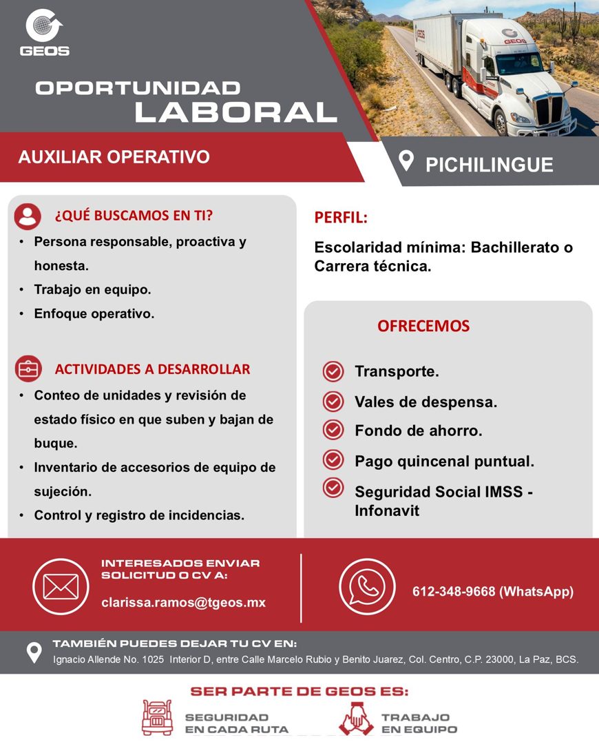 Banner del anuncio de la vacante: GED8 · GEOS · OPORTUNIDAD · LABORAL · AUXILIAR OPERATIVO · PICHILINGUE · ¿QUÉ BUSCAMOS EN TI? · • Persona responsable, proactiva y · honesta