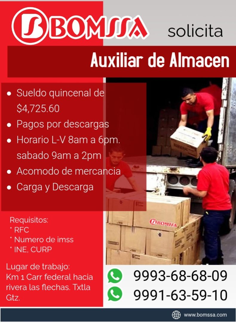 Banner del anuncio de la vacante: D BOMMA · solicita · Auxiliar de Almacen · • Sueldo quincenal de · $4,725.60 · • Pagos por descargas · • Horario L-V 8am a 6pm. · sabado 9am