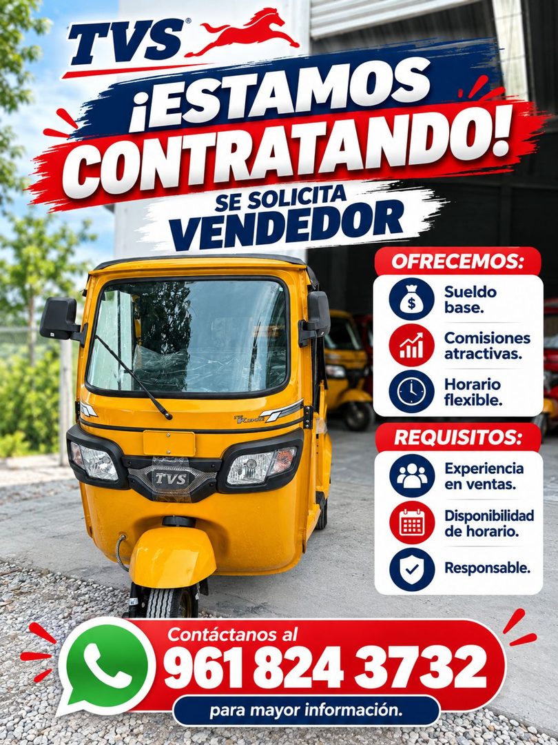 Banner del anuncio de la vacante: TVS. · ¡ESTAMOS · CONTRATANDO! · SE SOLICITA · VENDEDOR · OFRECEMOS: · Sueldo · base. · Comisiones · atractivas. · Horario · flexible. · TVS