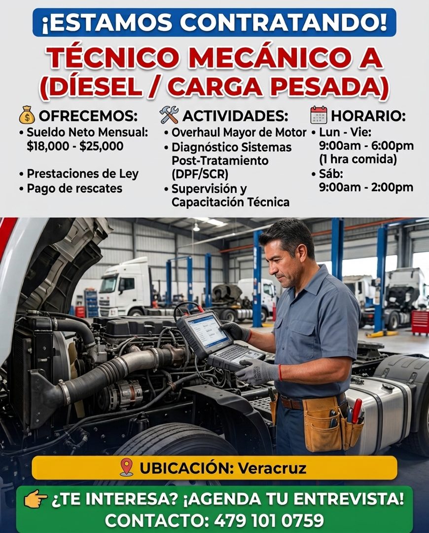 Banner del anuncio de la vacante: ¡ESTAMOS CONTRATANDO! · TÉCNICO MECÁNICO A · (DIESEL / CARGA PESADA) · OFRECEMOS: · ACTIVIDADES: · HORARIO: · • Sueldo Neto Mensual: · $18,0