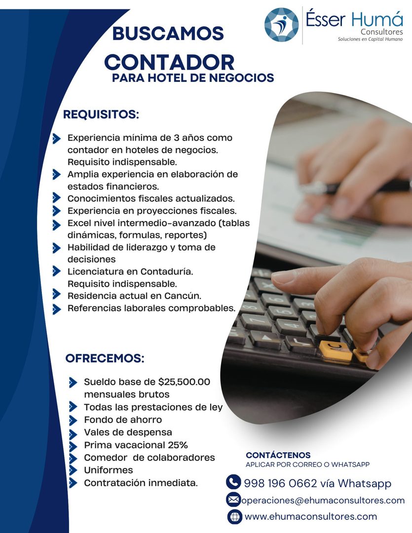 Banner del anuncio de la vacante: BUSCAMOS · CONTADOR · PARA HOTEL DE NEGOCIOS · Ésser Humá · Consultores · Soluciones en Capital Humano · REQUISITOS: · Experiencia mínima de