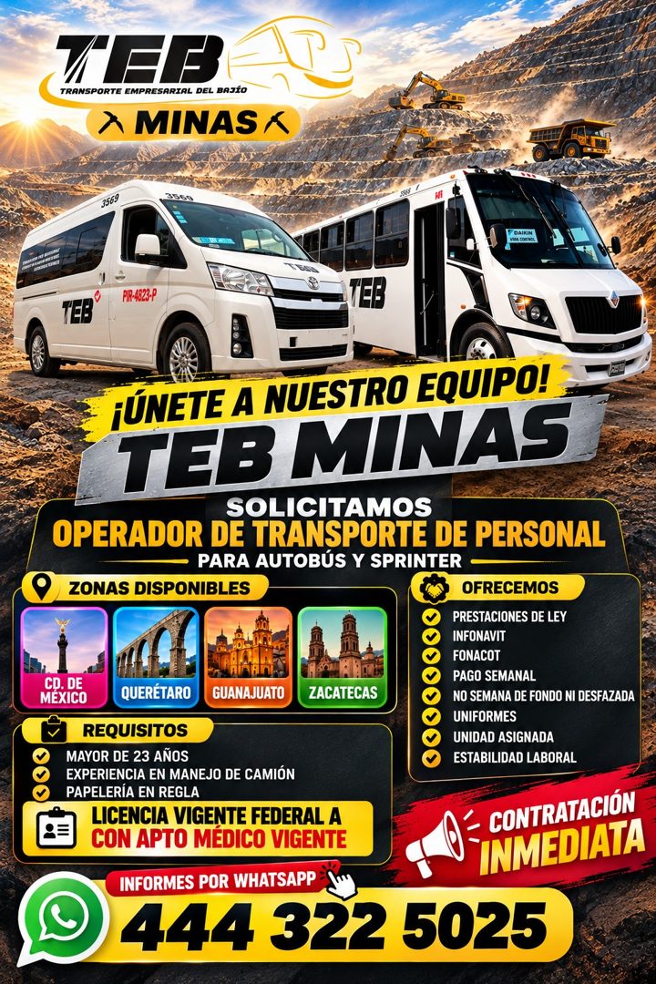 Banner del anuncio de la vacante: TEE · TRANSPORTE EMPRESARIAL DEL BAJÍO · A MINAS A · 3569 · 3569 · PIR-4823-P · TEB · ¡ÚNETE A NUESTRO EQUIPO! · TEB MINAS · SOLICITAMOS · O