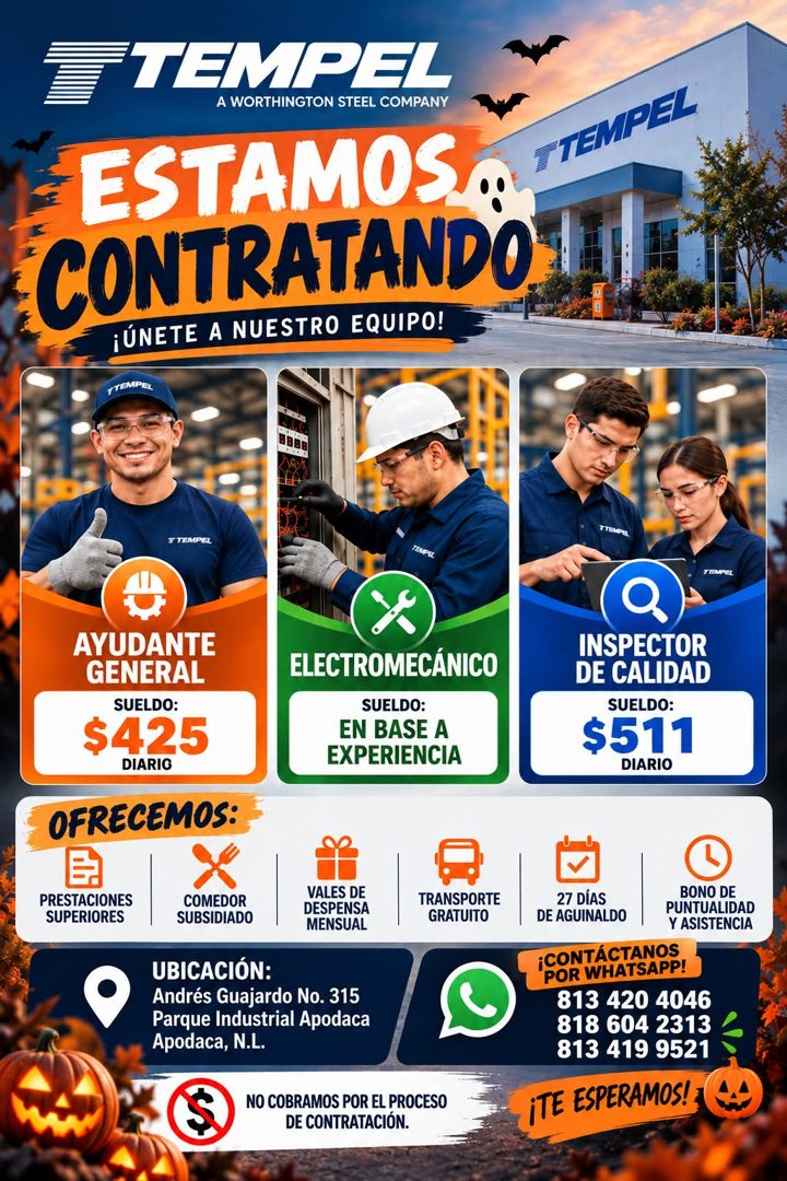 Banner del anuncio de la vacante: TEMPEL · A WORTHINGTON STEEL COMPANY · ESTAMOS · CONTRATANDO · ¡ÚNETE A NUESTRO EQUIPO! · TEMPEL · TTEMPEL · TTEMPEL · T TEMPEL · TEMPEL · C