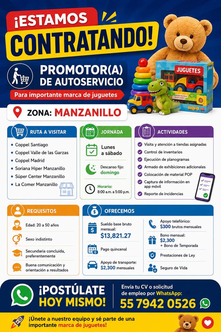 Banner del anuncio de la vacante: ¡ESTAMOS · CONTRATANDO! · PROMOTOR(A) · DE AUTOSERVICIO · Para importante marca de juguetes · ZONA: MANZANILLO · JUGUETES · RUTA A VISITAR ·
