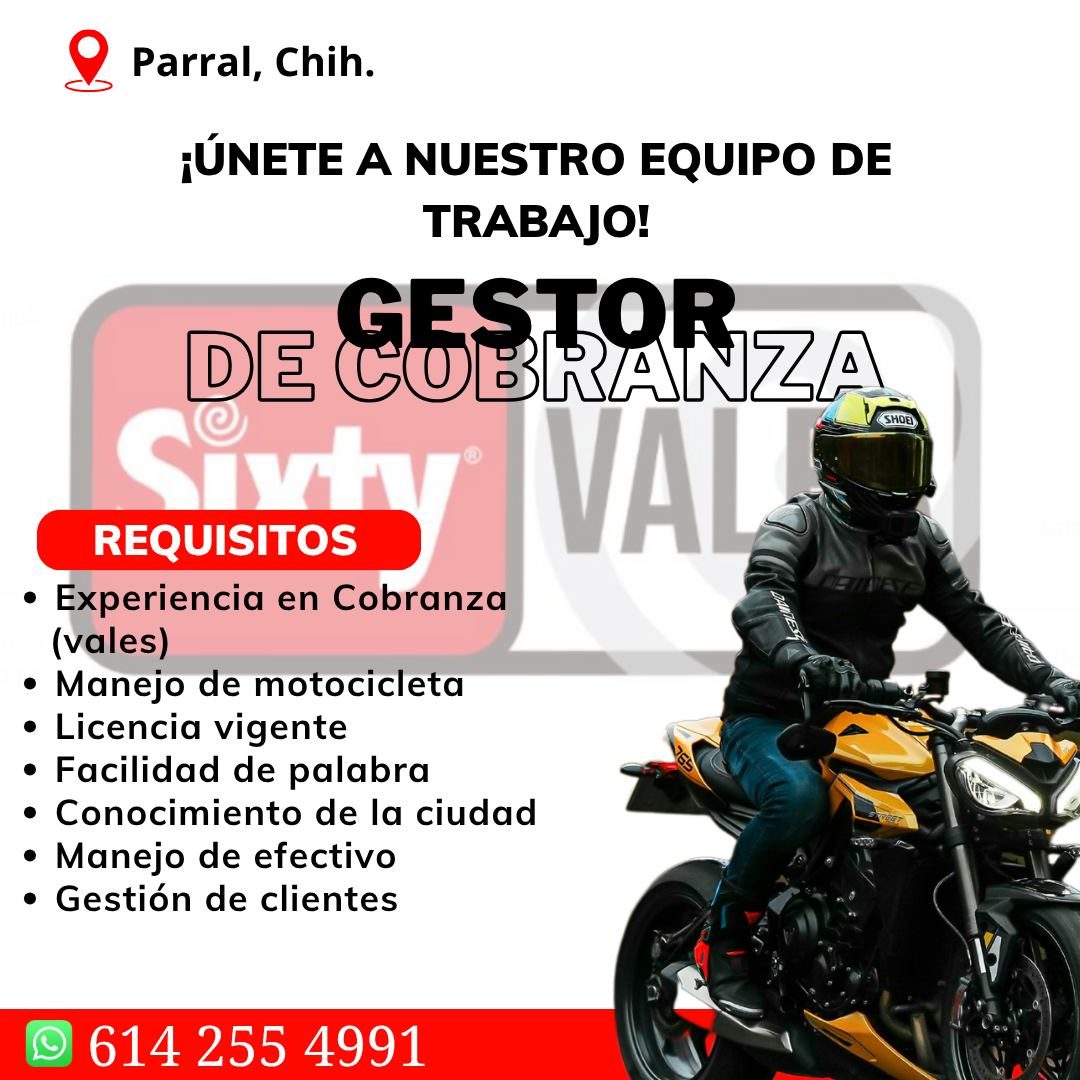 Banner del anuncio de la vacante: Parral, Chih. · ¡ÚNETE A NUESTRO EQUIPO DE · TRABAJO! · DE SEBRARZA · SHOE) · VAL · REQUISITOS · • Experiencia en Cobranza · (vales) · • Man