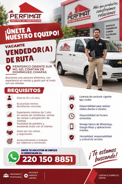 Banner del anuncio de la vacante: PERFIMAT · TODO PARA SU CONSTRUCCION · PERFIMAT · LA SE CONSTRUCCION · Más que productos, · construimos · relaciones · -ÚNETE A · NUESTRO EQ
