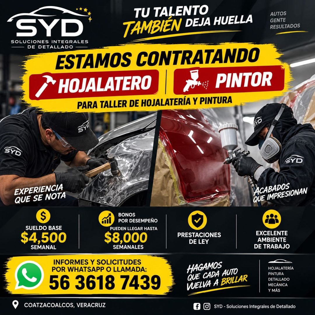 Banner del anuncio de la vacante: SYD · TU TALENTO · TAMBIEN DEJA HUELLA · SOLUCIONES INTEGRALES · — DE DETALLADO · ESTAMOS CONTRATANDO · *HOJALATERO · A PINTOR · PARA TALLER