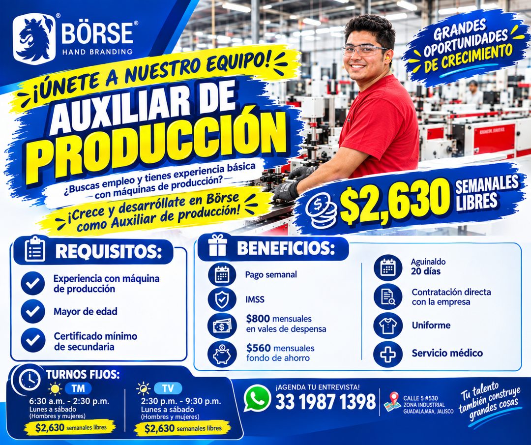 Banner del anuncio de la vacante: BÖRSE® · HAND BRANDING · -¡ÚNETE A NUESTRO EQUIPO! · AUXILIAR DE · PRODUCCIÓN · ¿Buscas empleo y tienes experiencia básica · — con máquinas 