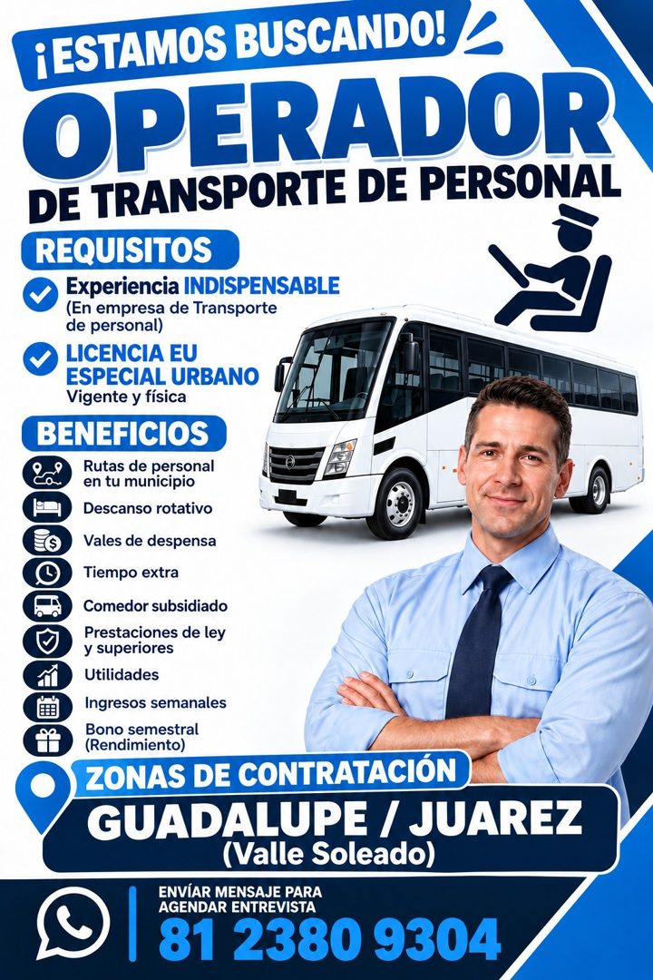 Banner del anuncio de la vacante: ¡ESTAMOS BUSCANDO! / · OPERADOR · DE TRANSPORTE DE PERSONAL · REQUISITOS · Experiencia INDISPENSABLE · (En empresa de Transporte · de person