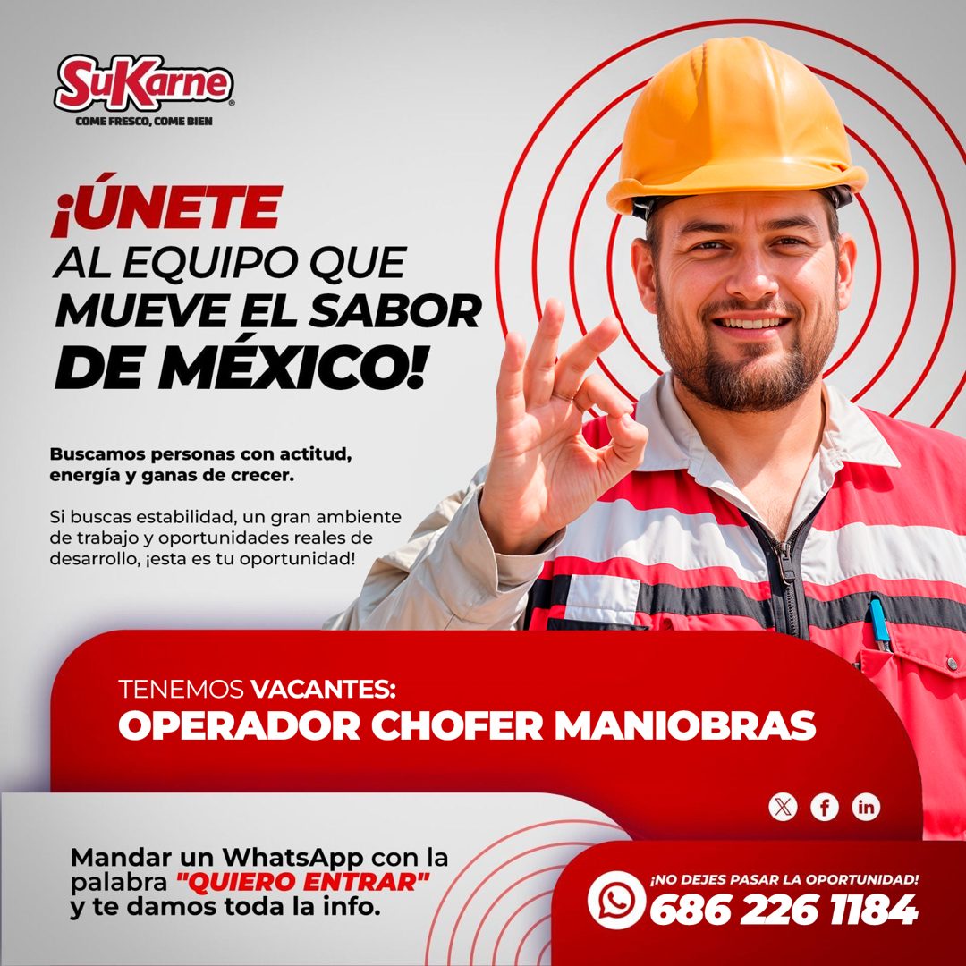 Banner del anuncio de la vacante: SiKarne · COME FRESCO, COME BIEN · ¡ÚNETE · AL EQUIPO QUE · MUEVE EL SABOR · DE MÉXICO! · Buscamos personas con actitud, · energía y ganas d