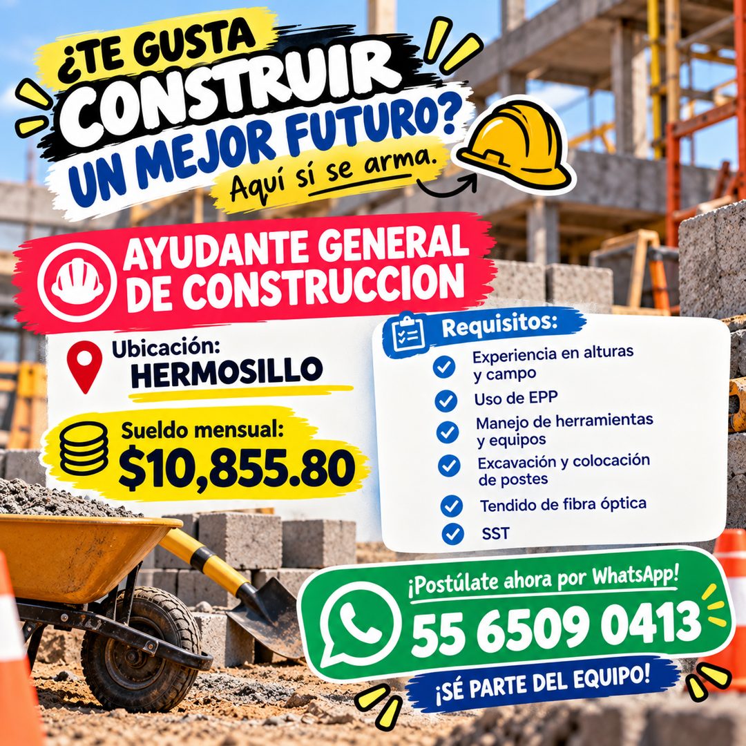 Banner del anuncio de la vacante: ¿TE GUSTA · CONSTRUIR · UN MEJOR FUTURO? · Aquí sí se arma. · AYUDANTE GENERAL · DE CONSTRUCCION · Ubicación: · Requisitos: · HERMOSILLO · E