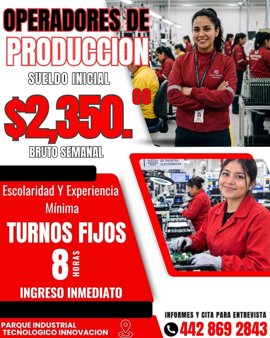 Banner del anuncio de la vacante: OPERADORES DE · PRODUCCION · SUELDO INICIAL · $2350 · 00 · BRUTO SEMANAL · Escolaridad Y Experiencia · Mínima · TURNOS FIJOS · 8 · HORAS · I