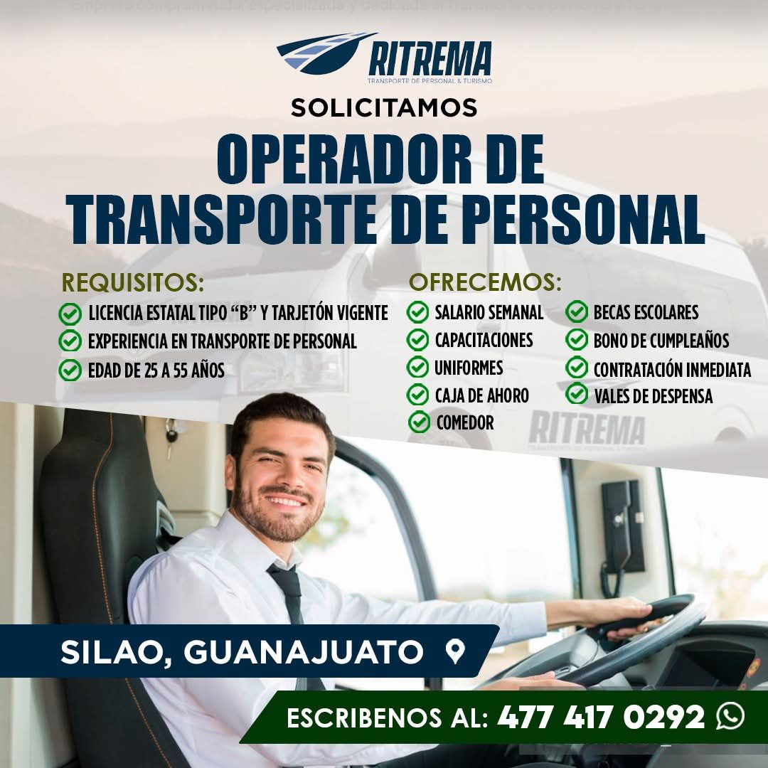 Banner del anuncio de la vacante: RITREMA · RSONAL & TURISMO · SOLICITAMOS · OPERADOR DE · TRANSPORTE DE PERSONAL · REQUISITOS: · LICENCIA ESTATAL TIPO "B" Y TARJETÓN VIGENTE