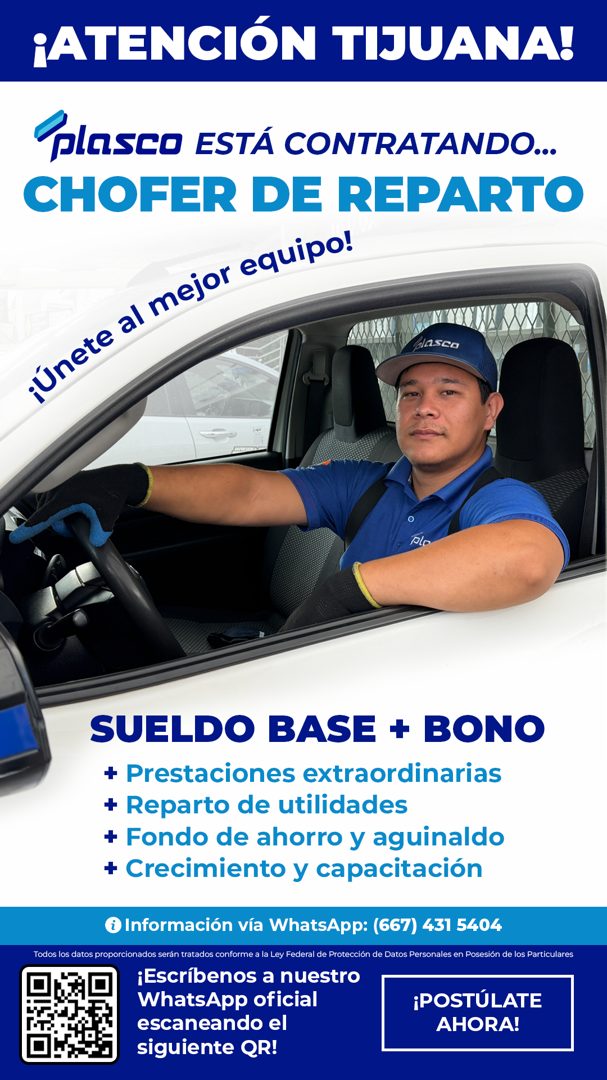 Banner del anuncio de la vacante: ¡ATENCIÓN TIJUANA! · PlESCO ESTÁ CONTRATANDO... · CHOFER DE REPARTO · ¡Únete al mejor equipo! · SUELDO BASE + BONO · + Prestaciones extraord