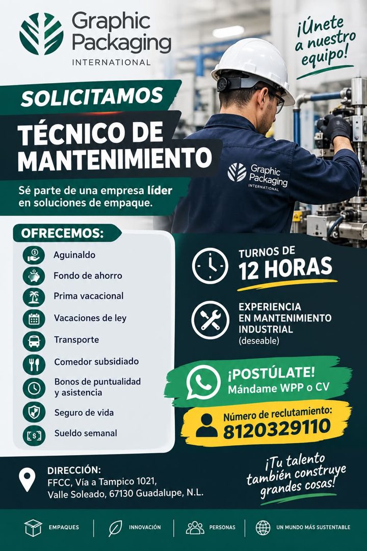 Banner del anuncio de la vacante: Graphic · Packaging · INTERNATIONAL · SOLICITAMOS · TÉCNICO DE · MANTENIMIENTO · Sé parte de una empresa líder · en soluciones de empaque. ·